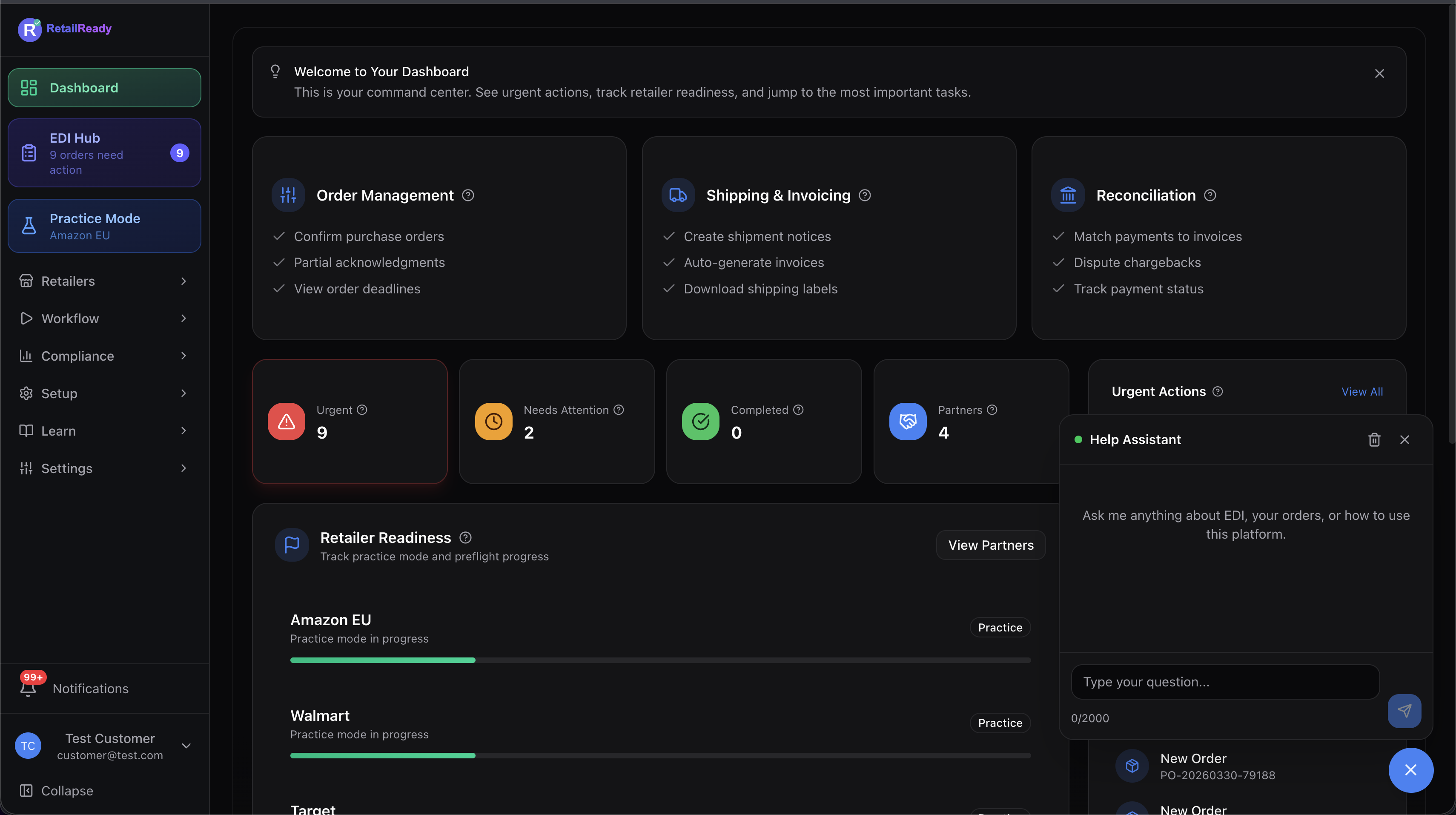 RetailReady EDI Dashboard showing order management, compliance tracking, and AI assistant
